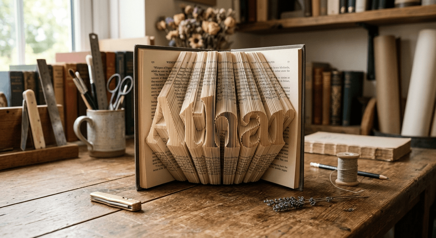 A hardcover book folded so its pages spell Athar, on a worktable with a ruler, thread, and dried lavender